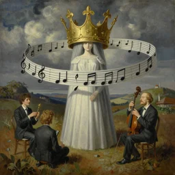 surreal detailed painting, musical notes, musicians, you are the crown of creation - and you've got no place to go in the style of max ernst, rene magritte