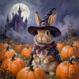 breathtaking detailed soft painting of a rabbit wearing a sorecer's hat, in a landscape of pumpkins field at moonlight with mists and dracula castle, elegant, highly detailed, artstation, concept art, matte, sharp focus, art by Anato Finnstark, Artgerm and Greg Rutkowski