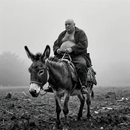 movie still by tarkovsky of a single giant obese old bald man wear dark clothes riding a donkey, cinestill 8 0 0 t 3 5 mm b & w, heavy grain, high quality, noir, natural textures, photorealistic, ambient occlusion, hd, mud, fog, ultra wide lens, anamorphic