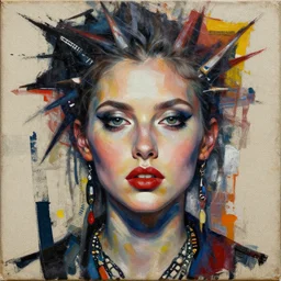 female analogue mixed media collage with canvas texture in style of contemporary art, punk art, hyperrealistic beautiful face, photorealism, expressionism, masterpiece, perfect composition, spectacular quality, intricate oil details