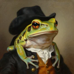 a head and shoulders portrait painting of an anthropomorphic!!!!!!!!!! amazon milk frog!!!!!!!!!! wearing a colonial outfit without a hat looking off camera, a character portrait, american romanticism, oil on canvas, soft focus