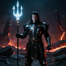 badass photograph of a man clad in black metallic armor holding a glowing trident, background of a nuclear wasteland at night with lava, dramatic lighting, film still