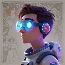 pixar character side view future coder man, stylized cyclops display over eyes and sleek glowing headset, neon accents, holographic colors, desaturated headshot portrait digital painting by leyendecker, donato giancola, alphonse mucha, john berkey, astronaut cyberpunk electric lights profile