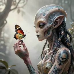 tattooed female alien looking at a butterfly, soft natural light, intricate, highly detailed, digital painting, artstation, concept art, smooth, sharp focus, illustration, art by greg rutkowski and luis rollo and uang guangjian and gil elvgren, symmetry!