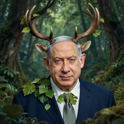 portrait of benjamin netanyahu as a magical forest critter, antlers, leaves, by brian froud