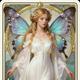 portrait of a ethereal magical young butterfly fairy princess wearing a white robe, d & d, fantasy, intricate, elegant, highly detailed, digital painting, artstation, concept art, smooth, sharp focus, illustration, art by greg rutkowski, maxfield parrish and alphonse mucha, new art nouveau, tarot card