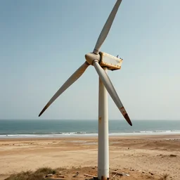 cinematic artwork close up of a broken and rusted wind turbine standing alone in a dried up ocean, digital art