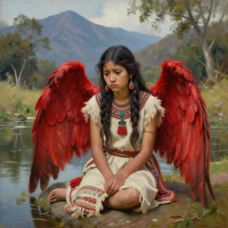 prompt Young Harpy-Girl, red feathered wings, wearing Inka clothes, sad expression, sitting at a pond, mountainous area, trees in the background, oil painting, by Fernanda Suarez and and Edgar Maxence and greg rutkowski