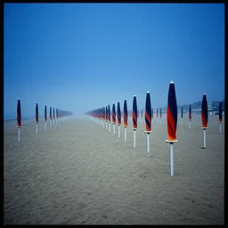 rows of open beach umbrellas lining a sandy beach, fog, deep blue mood, colorful, contemporary archival color photograph print from the original negative, by stanley kubrick