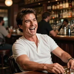 hyper realistic tom cruise hanging out with tom cruise at a bar, all overly excited, jaw unhinged with laughter and smiling, all teeth, by greg rutkowski, artgerm, loish, pixar, 4 k, 8 k, masterpiece