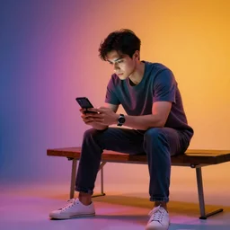 a man sitting on a bench playing with his phone, studio photography, vibrant image, studio lightning, 8 k