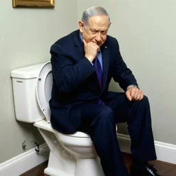 benjamin netanyahu sitting on the toilet, struggling, by norman rockwell