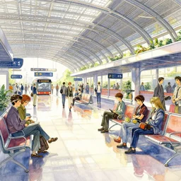 a beautiful insanely intricate watercolor illustration of modern bus station waiting room, reflexions, colorfull, by william turner art, by greg rutkowski, by james jean, by rossdraws, by frank franzzeta, by sakimichan, by edmund dulac, trending on artstation, insanely detailed, masterpiece,