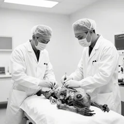 doctors performing an autopsy on a dead alien in a white room, black and white photo