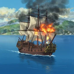 Anime blue water, victorian ship on fire, far away, landscape, scenery, Cushart Krenz, Shinkai Makoto, by Lluluchwan, lots of details, highly detailed, 4k