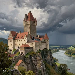 “A landscape painting of Castle Drachenfels on cliffs overlooking the Rhine river. Dramatic lighting, stormclouds. By Albert Bierstadt and Asher Brown Durand.”