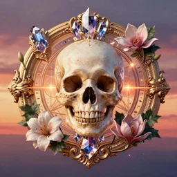 beautiful classical holy decorative ornament, sacred skull spirit, crystals, sunset colors, acanthus scrolls, lilies, ivy, anatomy, energy, geometry, magnolia, bones, petals, stems, ceremonial clouds, dripping colorful paint, fibonacci rhythm, artstation, art germ, wlop, anime, manga, yoji shinkawa, krenz cushart,