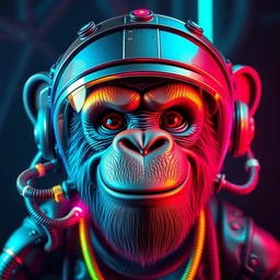 movie poster of a smiling cute steampunk ape head with a steampunk space helmet with multicolored glowing tubes and cables, crisp, trippy, fluorescent colors, insanely detailed, 3 d render, front shot, 3 5 mm