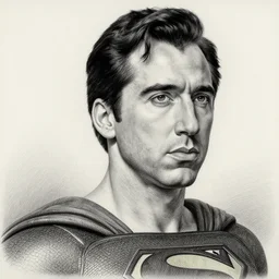 portrait of nicolas cage as superman looking away from the camera, intricate, hyperrealistic, extremely detailed pencil drawing by simon stalenhag and greg rutkowski, artstation