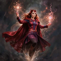 Wanda Maximoff chaos magic, scarlet witch, levitating, digital painting, cinematic, moody, soft light