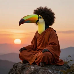 Chilling toucan dressed as a monk meditating on a mountaintop in the sunset, afro retro futurism digital art