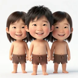 a full - body portrait of little asian cuties caveman, have 3 times oversized head, smile expression, make stone tools at the river bank, a colorized photo, colorized, # film, movie still