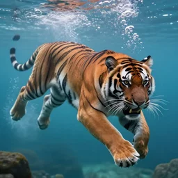 photo of a fierce tiger diving underwater, 4 k, professional, detailed, bubbles