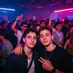 in the front 2 friends partying looking at the camera, in the back a huge crowd and neon light, surrealism