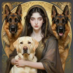 sensual good looking pale young bengali girl with soulful eyes with a cream labrador retriever and a majestic german shepherd, portrait, elegant, intricate, digital painting, artstation, concept art, smooth, sharp focus, illustration, art by artgerm and greg rutkowski and alphonse mucha