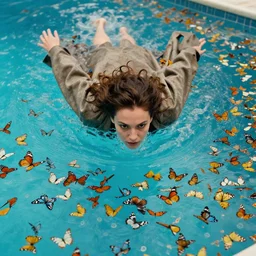 a closeup portrait of a woman wearing a cloak, diving into a pool filled with millions of butterflies, color photograph, by vincent desiderio, canon eos c 3 0 0, ƒ 1. 8, 3 5 mm, 8 k, medium - format print