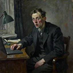 dark oil painting of a gaunt man in sitting in his apartment on a desk, his face is turned in sudden surprise, soviet union, ca. 1 9 7 0