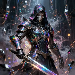 Ultra realist and ultra intricate dark detailed painting of an powerful hooded iridescent assassin king wearing gothic body armor, human face biomechanical complex body with iridescent processor microchips, 3D render, symmetry, rich style, glowing iridescent sparks and smoke behind, crystallic cyberpunk megastructure background, artstation, colorful, badass, dark ominous stealth, colorful lens flares, brandishing futuristic sword, unreal render, depth of field