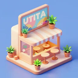 isometric cute cartoon illustration style cafe australian, decorated with small pot plants 🪴 cannabis leaves, utopia frontage, pop art poster, beautiful colors pastel palette by will barnet pixar render