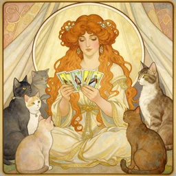 lady with long curly hair reading tarot cards surrounded by cats in a gypsy tent, Alphonse Mucha, nouveau poster style with thin lines and pastel colors