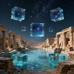 ancient city ruins with cubes of water where you can see colorful stars in space through them floating around, matte painting, concept art, cinematic 4 k