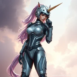 beautiful female cyborg in full body space suit, unicorn helmet, steel boots, concept art by artgerm, photoshoot, intricate, highlydetailed, artstation - n 4