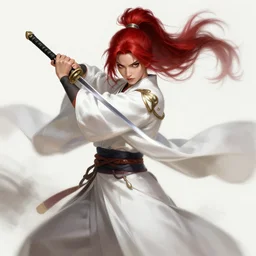 a highly detailed illustration of fierce messy ponytail red haired one armed delinquent woman wearing long white tokkoufuku cape, dramatic wielding paper sword pose, intricate, elegant, highly detailed, centered, digital painting, artstation, concept art, smooth, sharp focus, league of legends concept art, wlop.