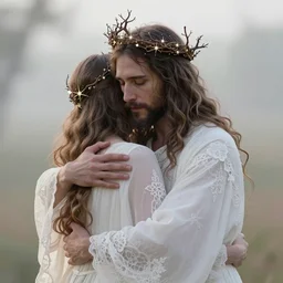 jesus hugging a woman from behind, spirit hugs, in style of paolo roversi, britt marling style 3 / 4, long hair are intricate with highly detailed realistic branches with stars like a crown, a beautiful ethereal lace white robe, 8 k, soft focus, soft light, volumetric lighting, highly detailed realistic, refined, highly detailed, natural outdoor soft pastel lighting colors scheme