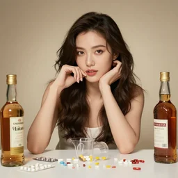 a beautiful female model surrounded by pills and alcohol bottles