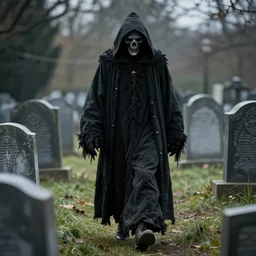 the grim reaper wandering through a graveyard, highly detailed, extremely high quality, hd, 4 k, 8 k, professional photographer, 4 0 mp, lifelike, top - rated, award winning, realistic, detailed lighting, detailed shadows, sharp, no blur, edited, corrected, trending