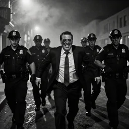 Ted Cruz with a wide grin being chased down by multiple police officers at night in San Francisco black and white, creepy lighting, foggy atmosphere, scary, horror, ornate, eerie, fear