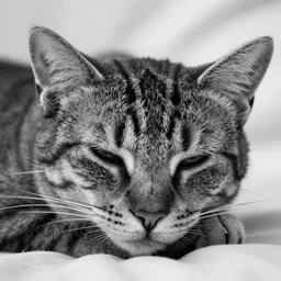 photo of a cat sleeping on a bed, highly detailed, extreme close - up, monochrome