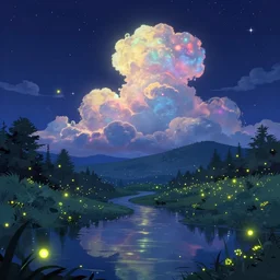 a beautiful landscape at night, magical lights, fireflies, a sense of wonder, water reflections, glowing magical clouds, digital art, pixar concept art