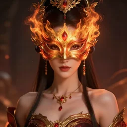 portrait of a beautiful female fire queen immortal with a mask, elegant, fancy dess, ornaments, highly detailed, beautiful, cinematic lighting, 2 d animate style, mesmerizing, 8 k hd, artstation, by hideyuki morioka, ito ogure, vofan, greg rutkowski, victo ngai, artgerm