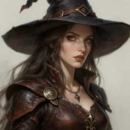 fantasy art, unsplash, deviantart, close up portrait of a ruggedly female witch, soft hair, half body, leather, d & d, fantasy, intricate, elegant, highly detailed, digital painting, artstation, concept art, smooth, sharp focus, illustration, art by artgerm and greg rutkowski and alphonse mucha