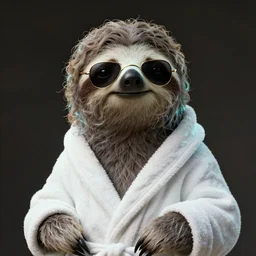 portrait, anthropomorphic sloth, bathrobe, curly hair, sunglasses, fantasy, detailed, intricate, luminescent, elegant, artstation