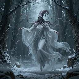 concept designs for an ethereal wraith like figure with a squid like parasite latched onto its head and long tentacle arms that flow lazily but gracefully at its sides like a cloak while it floats around a forgotten kingdom in the snow searching for lost souls and that hides amongst the shadows in the trees for the resident evil game franchise with inspiration from the franchise Bloodborne and the mind flayer from stranger things on netflix