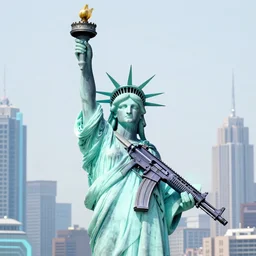 “Statue of Liberty holding an AR-15 in iridescent colors, futuristic city, octane render” H- 1088