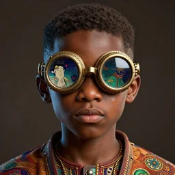 vfx portrait - art of a nigerian boy wearing colourful steam punk goggles, art by utagawa kunisada & james jean, volumetric light, symmetrical, ray tracing, unreal engine, octane 3 d render, sharp, detailed, digital render, illustration, highly detailed, intricate detail, pinterest, behance, art station,