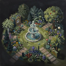 a gorgeous, fantastic, magic garden landscape by michael kidd, isometric, trending on artstation, artgerm, acrylic on canvas, muted color tones, darker,!! low contrast!!